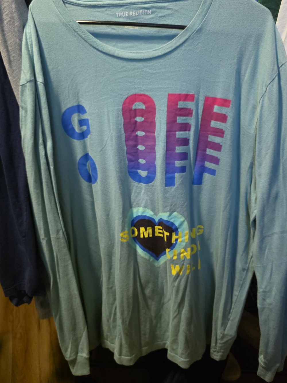 True Religion Light Blue Mens Long-Sleeve Graphic Tee 3x